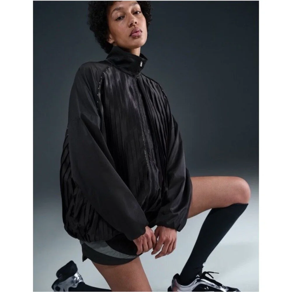 Nike Pleated Oversized Satin Full Zip Track Jacket Black Womens XXL HJ0516-010
